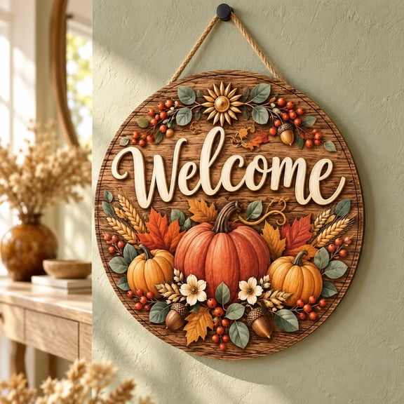 Door Sign, Personalized Fall Pumpkin Wreath Wood Front Door Decor