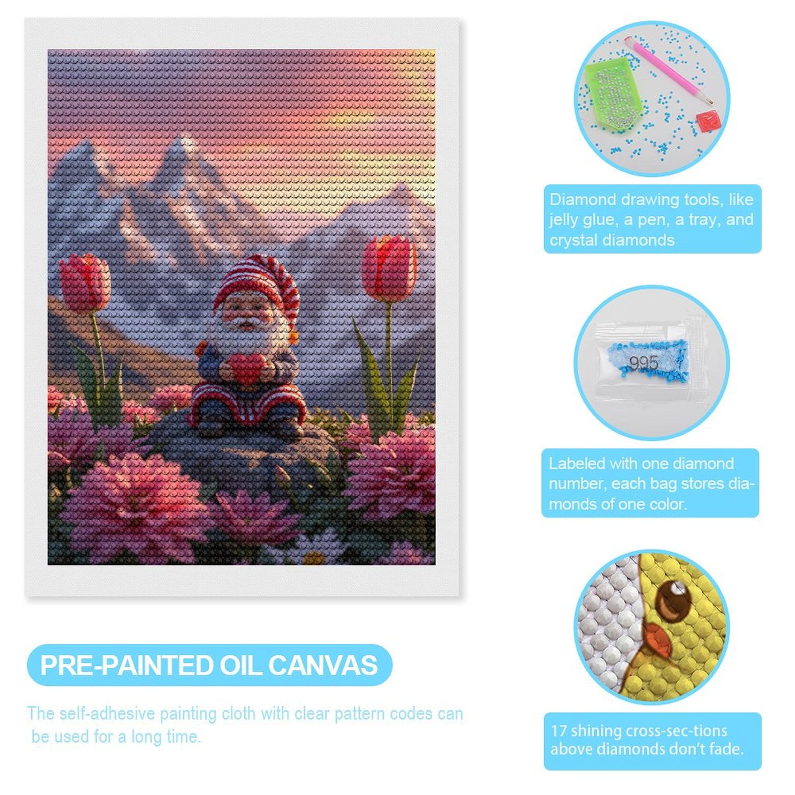 Diamond Art Kit for Adults, Gnome On Rock With Heart Flowers Diamond Painting for Adults Beginners, 5D DIY Diamond Art Painting Kits, Colorful Diamond Painting Craft for Home Decor 12x16