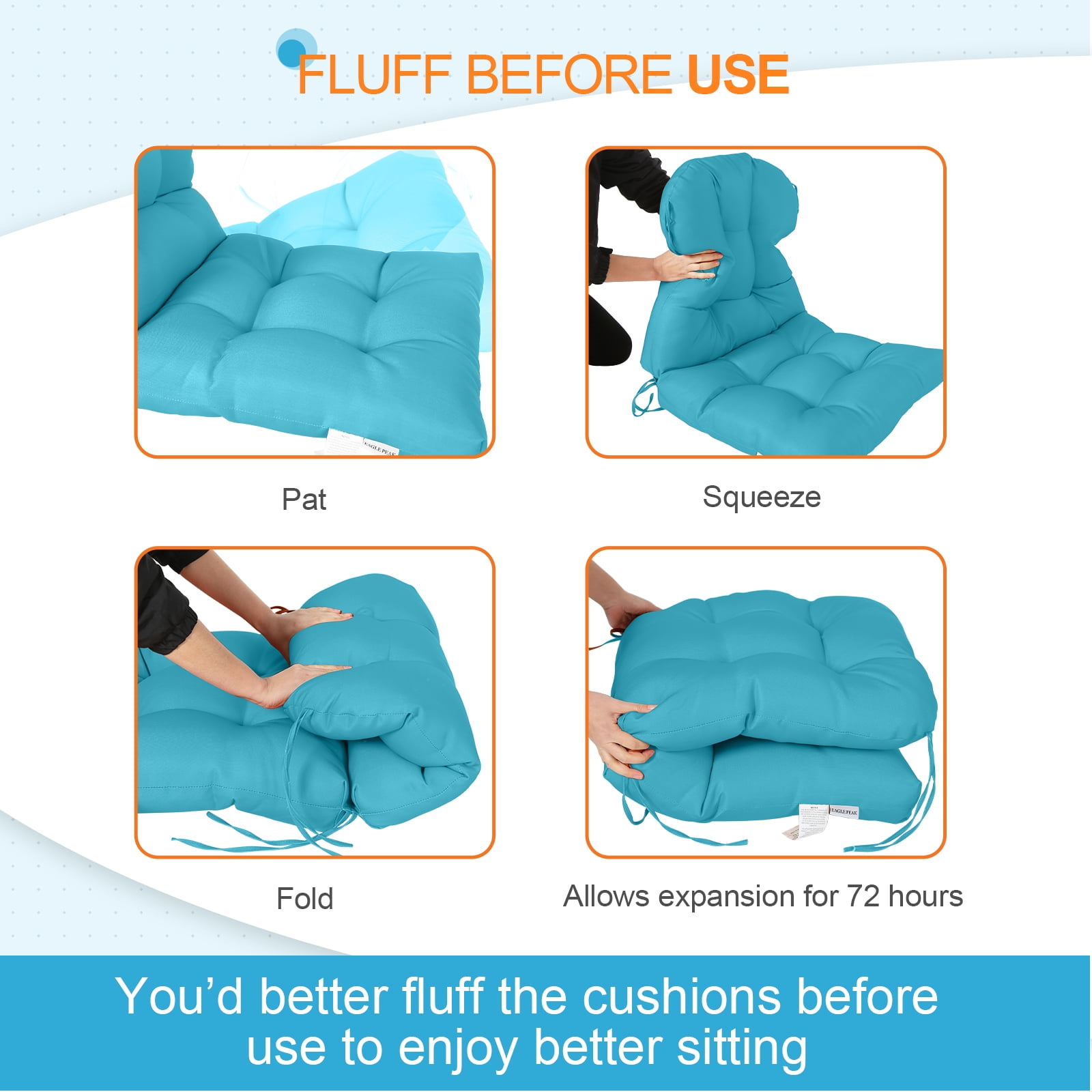 EAGLE PEAK Tufted Outdoor/Indoor Seat/Back Chair Cushion, Set of 2, 42'' x 21'', Blue