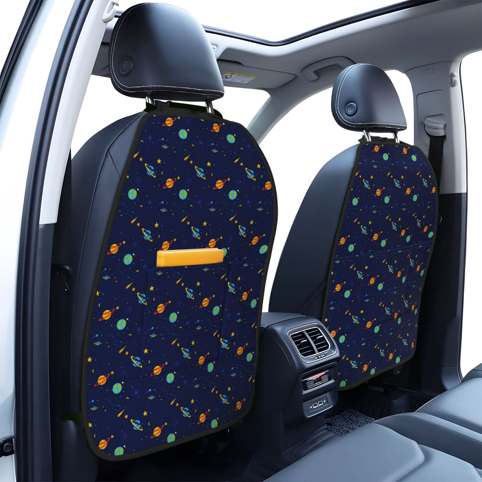 Xecao Space Galaxy Pattern Car Seat Back Protector 2 Pack Large Capacity Pocket, Kick Mats Back Seat Protector