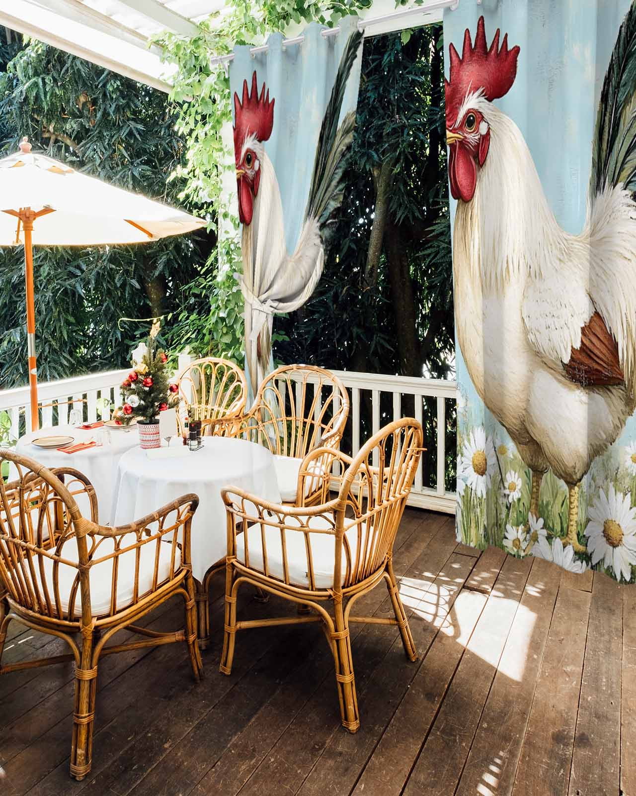 nqOlkjepod Outdoor Curtains for Patio Waterproof, White Spring Floral Rooster Outdoor Privacy Panels Grommet, Vintage Rooster Pastoral Blackout Outside Curtains for Porch/Cabana 54"x84", 1 Panel