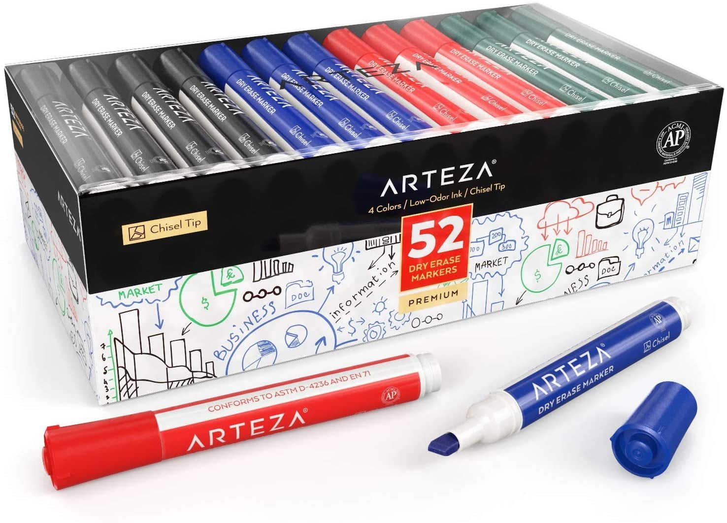 ARTEZA Dry Erase Markers, Chisel Tip, 4 Colors Set of 52
