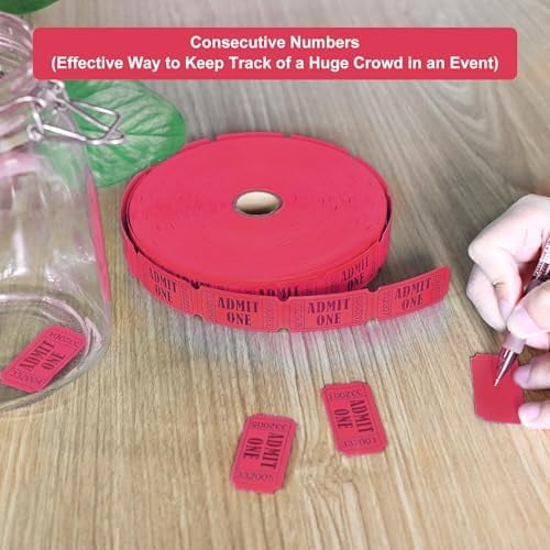 Quivanta 2000 Red Raffle Tickets with Perforations and Consecutive Numbers,Single Ticket Roll for Events, Carnivals, Door Prizes & Drinks