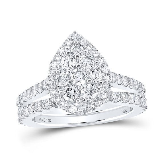 10kt White Gold Round Diamond Teardrop Bridal Wedding Ring Band Set 1 Cttw