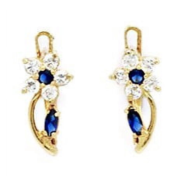 14k Yellow Gold September Blue CZ Flower Leaf Leverback Earrings - Measures 13x5mm