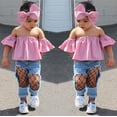 thumbnail image 4 of Pretty Toddler Kids Girls Off Shoulder Tops Denim Pants Jeans 3Pcs Outfits Set Clothes, 4 of 5