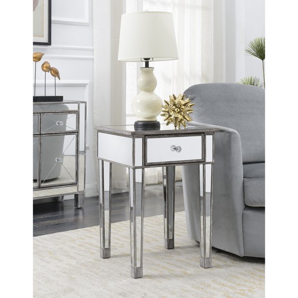 Gold Coast Mirrored End Table with Drawer, Weathered Gray