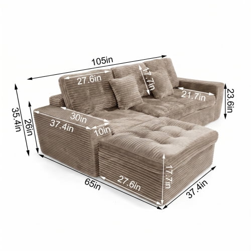 105" Modular Cloud Sofa Set with Ottoman, DIY Sectional, Pure Foam, Faux Rabbit Fur Velvet Couch, Khaki