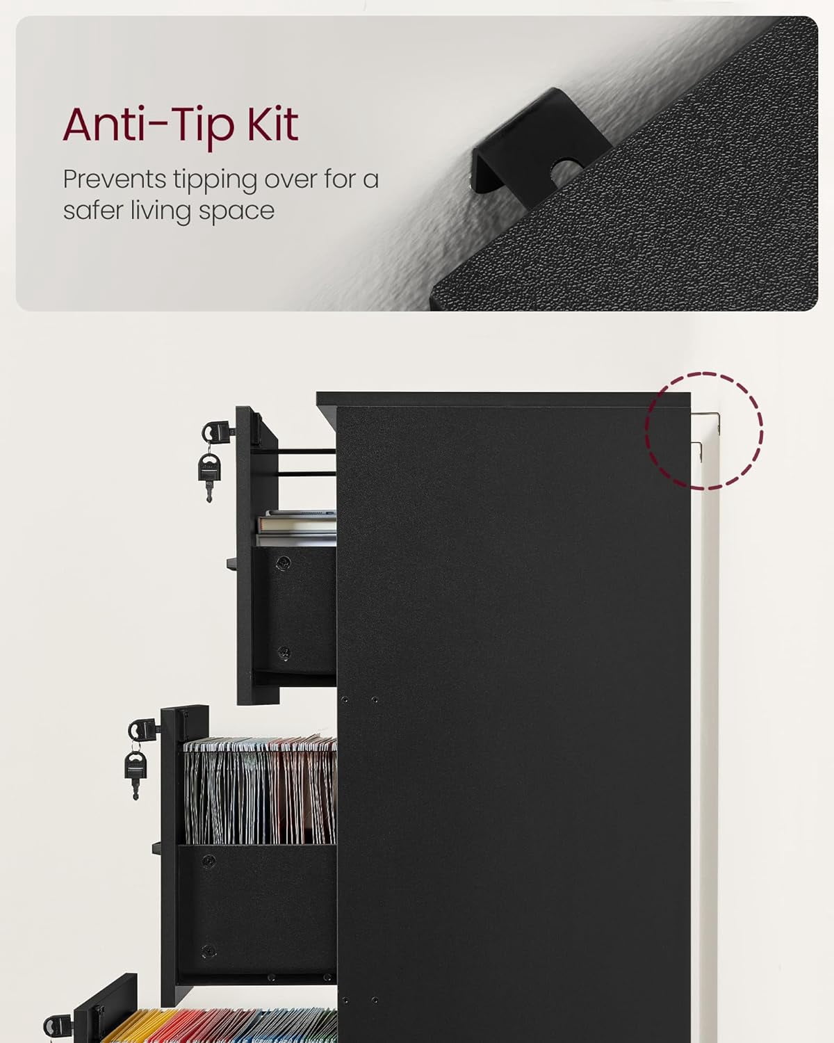 File Cabinet, Printer Stand with 3 Lockable Drawers, Adjustable Hanging Rails, For Folders,Ink Black