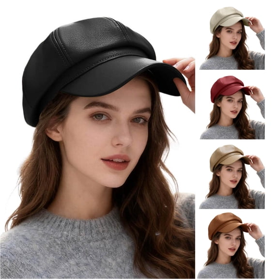 NinXxx Classic Eight Painter Beret Hat Female Leather Headwear Black