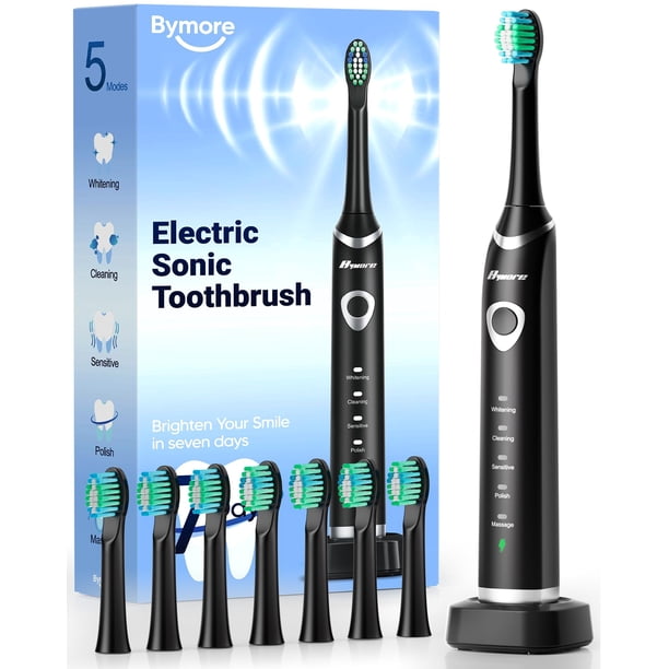 Bymore Cepillo de dientes eléctrico para adultos, cepillo de dientes sónico de viaje con 8 cabezales de repuesto, cepillo de dientes recargable ultra limpio, portátil, una carga durante 330 días, 5 mo