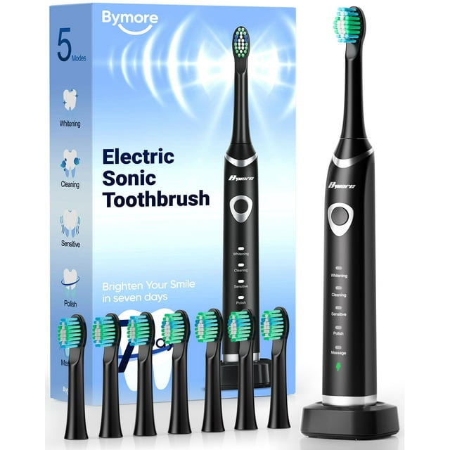 Bymore Cepillo de dientes eléctrico para adultos, cepillo de dientes sónico de viaje con 8 cabezales de repuesto, cepillo de dientes recargable ultra limpio, portátil, una carga durante 330 días, 5 mo