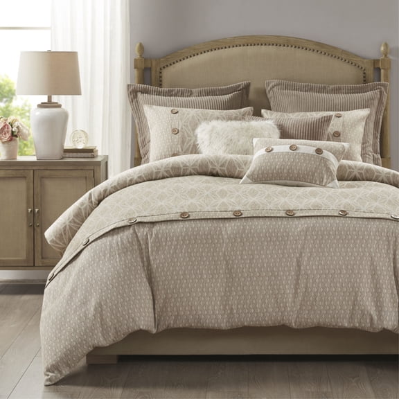 Grace 8-Piece Geometric Oversized Jacquard Comforter Set in Taupe - 100% Polyester with Decorative Buttons, Includes Comforter, Shams, and Various Pillow Covers with Inserts