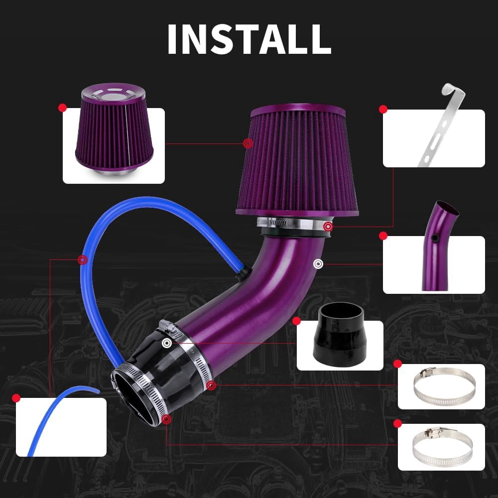 3'' Cold Air Intake Kit Aluminum Automotive Cold Air Intake Pipe Filter Induction Flow Hose Pipe Kit, Purple