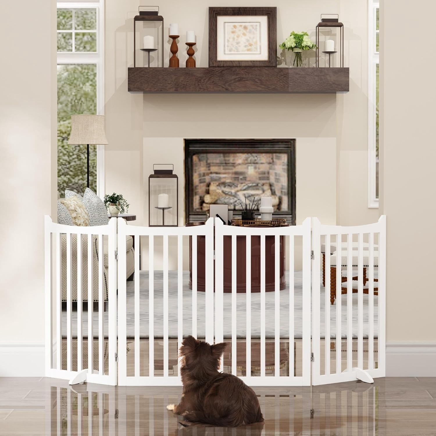 36" H Extra Tall Freestanding Pet Gate 4-Panel Wooden Dog Fence with 2 Support Feet Folding Dog Gate for Indoor, Stairs, Doorways, Halls, Kitchen Wooden Pet Barrier White, 79.5" L x 36" H