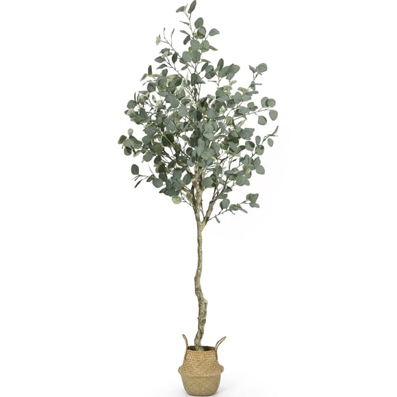 BeesClover Tall Faux Eucalyptus Tree, 6FT Fake Plant with Silver Dollar Leaf Stems in Woven Pot for Living Room or Office