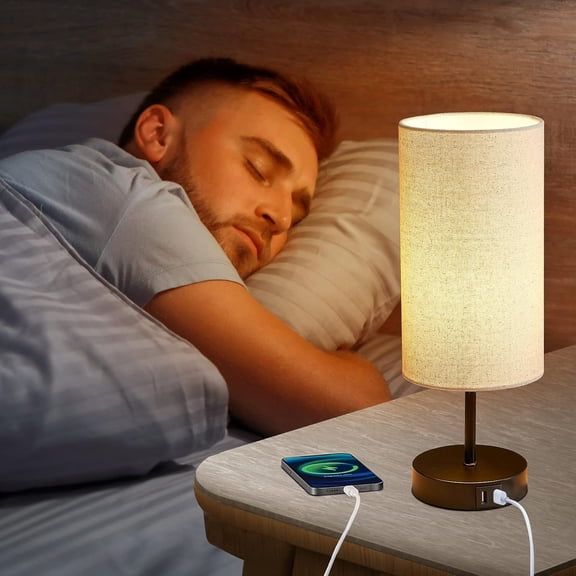 Touch Control Bedside Lamp with 2 USB Ports, 3-Way Dimmable Table lamp for Bedroom, Nightstand Lamp with Round Flower Fabric Shade for Living Room Home Office (E26 LED Bulb Included)