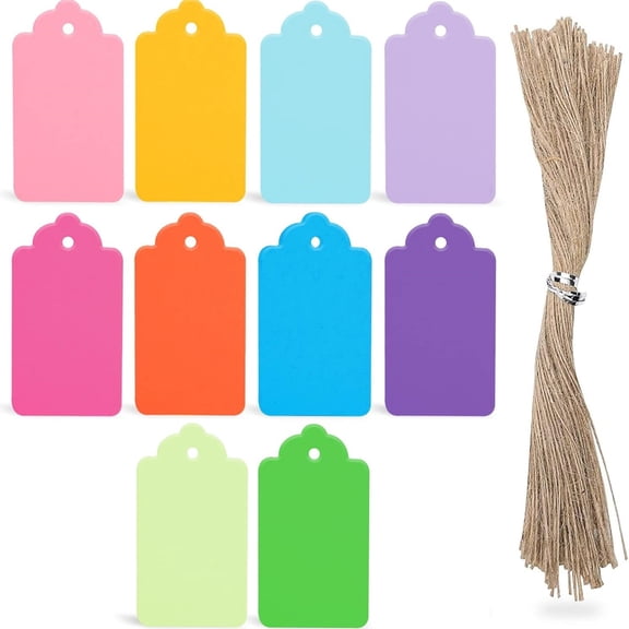 100PCS Gift Tags with Strings(3.3 * 1.8inch), Kraft Paper Tags 10 Assorted Colors Hanging Labels for DIY Crafts Baby Shower Wedding Birthday Gift