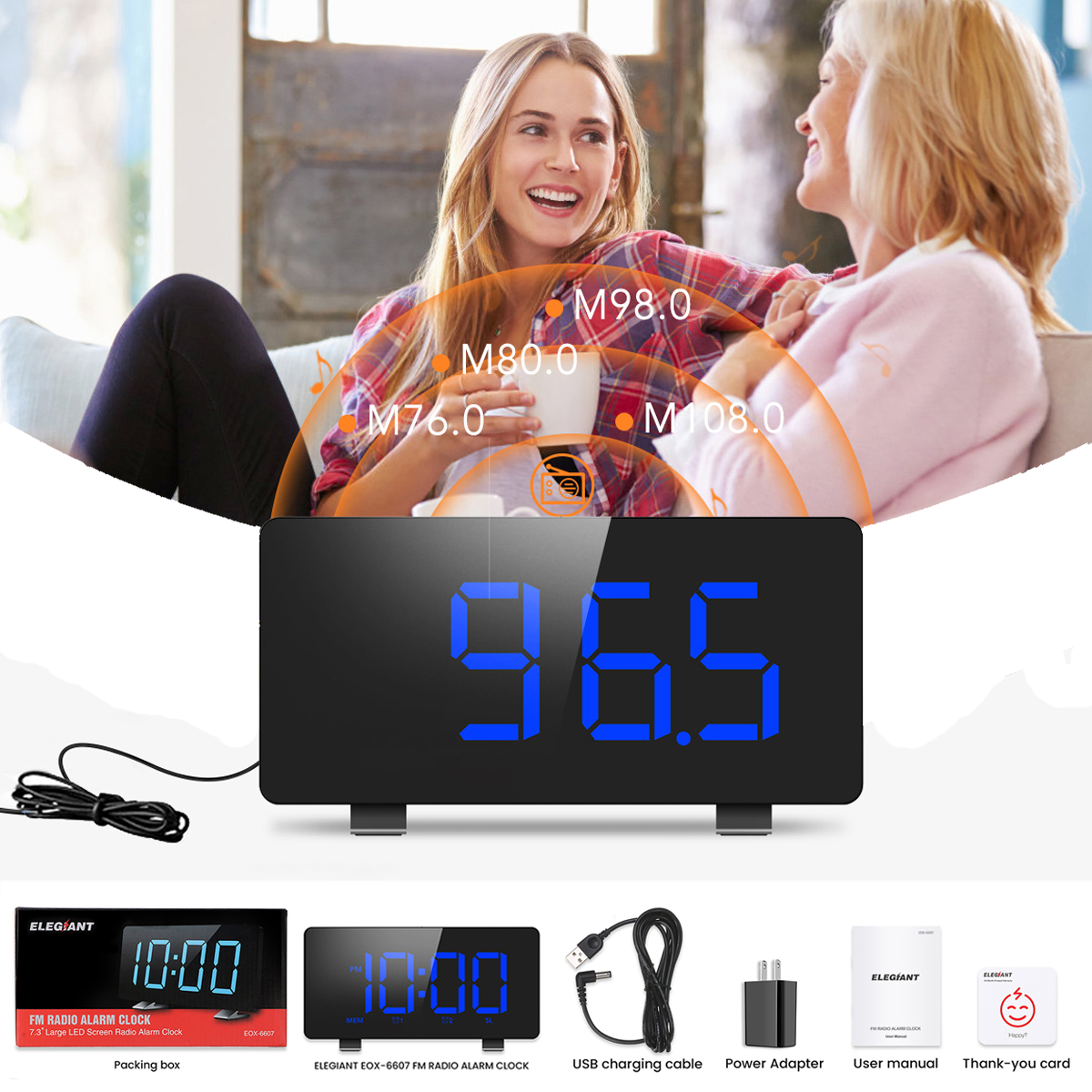 ELEGIANT 4-in-1 Digital Alarm Clock with Radio for Bedside or Kitchen, Charging Port, 4 Levels Brightness Adjustable, Snooze Time, Big Display Auto Light Sensor, Bedside Alarm Clock for Bedrooms