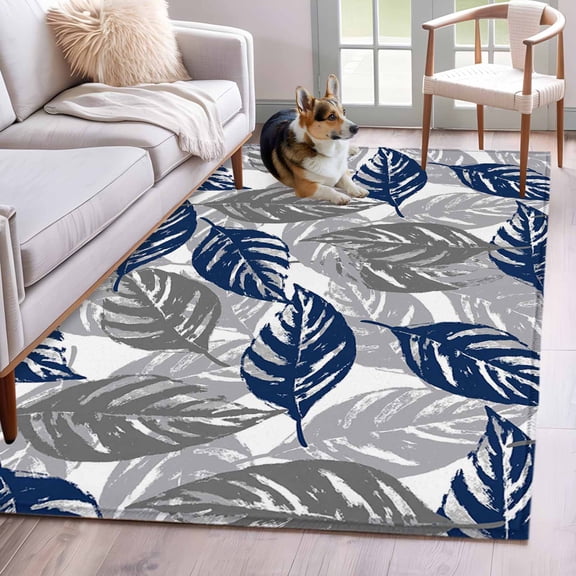 Blue Grey Leaves Area Rugs 3'x5', Washable Small Throw Rugs for Living Room Bedroom, Farmhouse Spring Botanical Leaf Plants Indoor Outdoor Rug Non-Slip Low Pile Carpet Runner Reversible Floor Mats