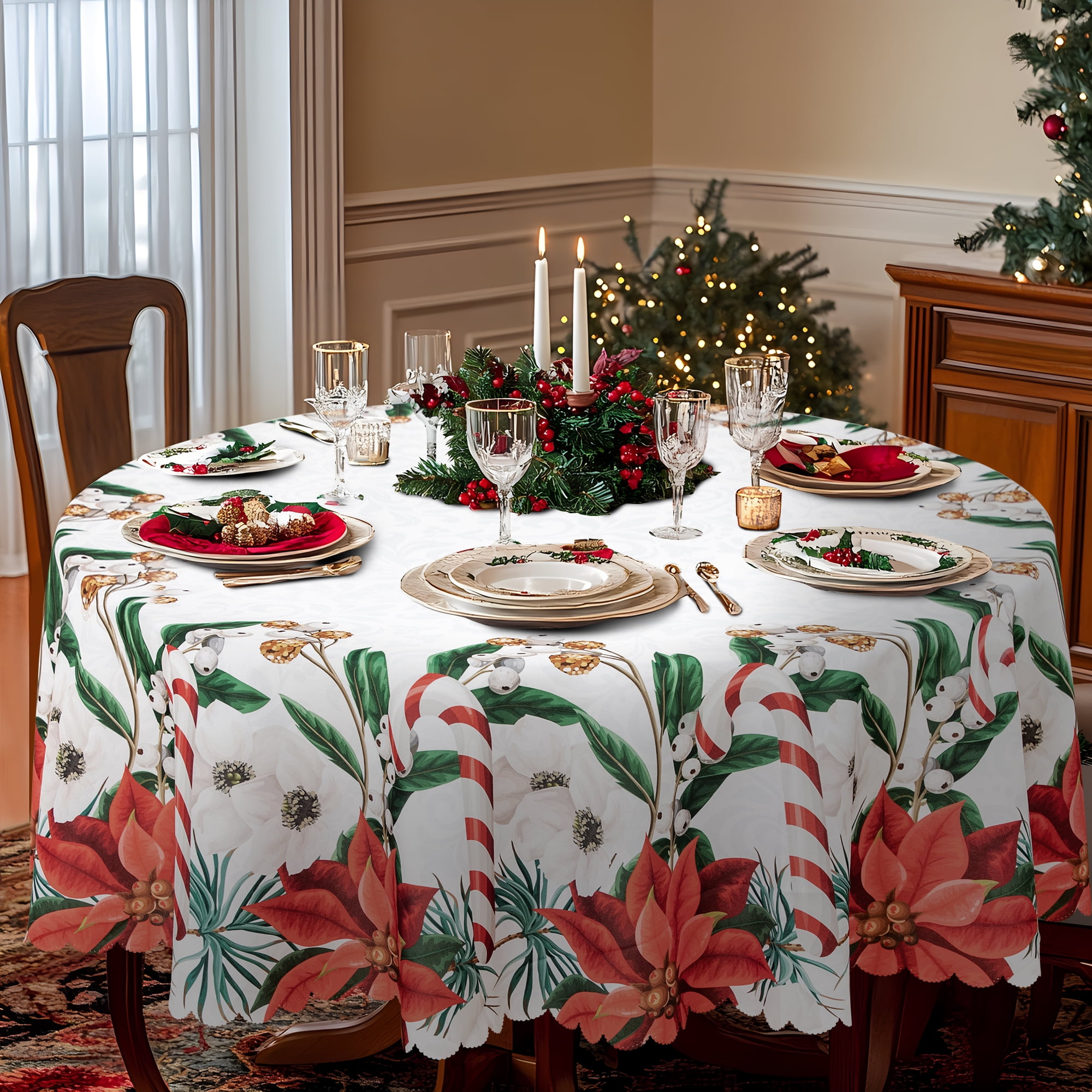 RAY STAR Polyester Christmas Tablecloth 60 inch Round Machine Washable Table Cloths, Thick Can not See Through Heavy Duty Tablecloth