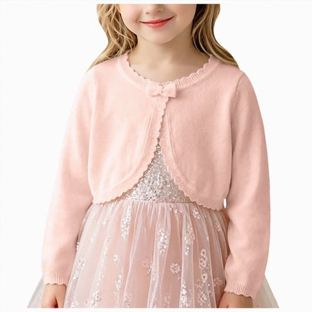 enyan Girls Cardigan Bolero Size 1-14T Kids Knit Long Sleeve Ruffle Open Front Button Cover Up Cropped Tops for Girls(Beige 5-6 Years)