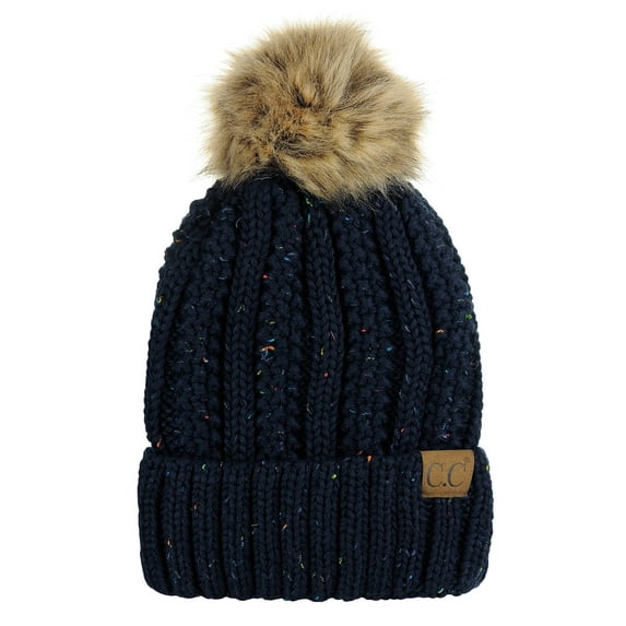 C.C Thick Cable Knit Faux Fuzzy Fur Pom Fleece Lined Skull Cap Cuff Beanie, Confetti Navy