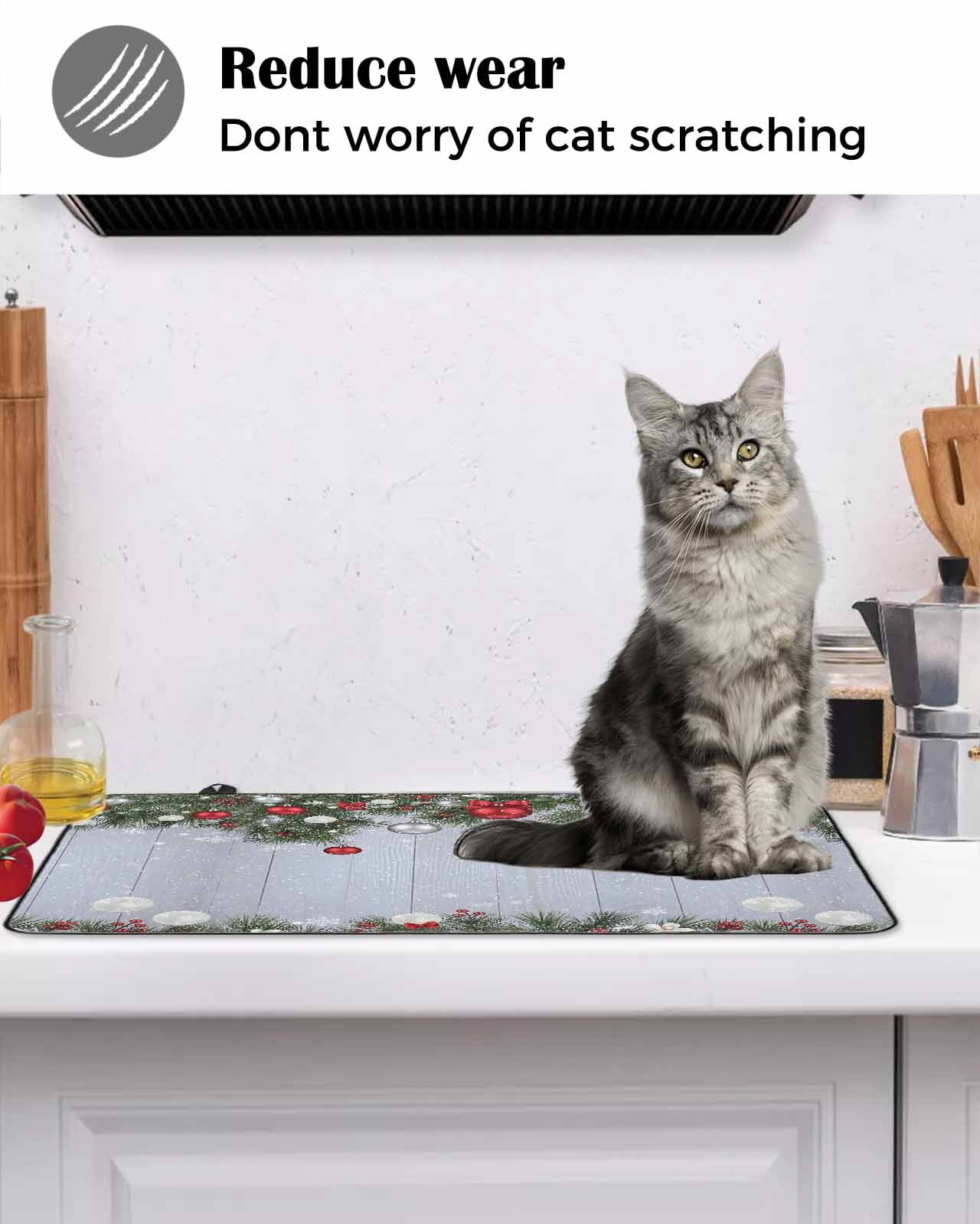 Large Induction Cooktop Protector Mat Christmas Stove Top Covers for Electric Stove, Winter Xmas Balls Pine Branches Wooden Grain Decorative Stove Burner Cover Mats, Glass Top Stove Cover