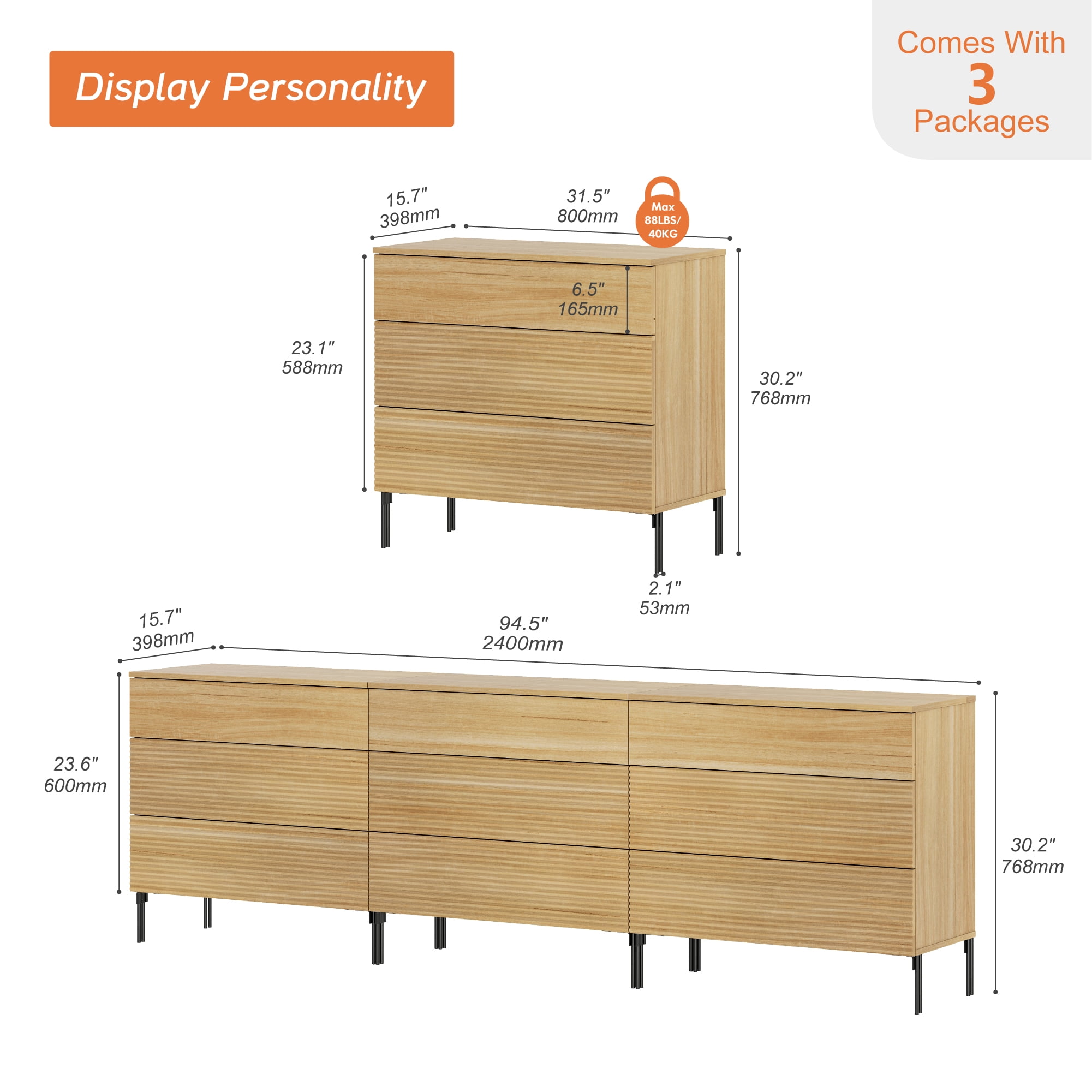94.5" Wood Accent Chest Set with Drawers, Modern Credenza Storage Cabinet with Reeded Design for Living Room, Kitchen, Dining Room, Hallway