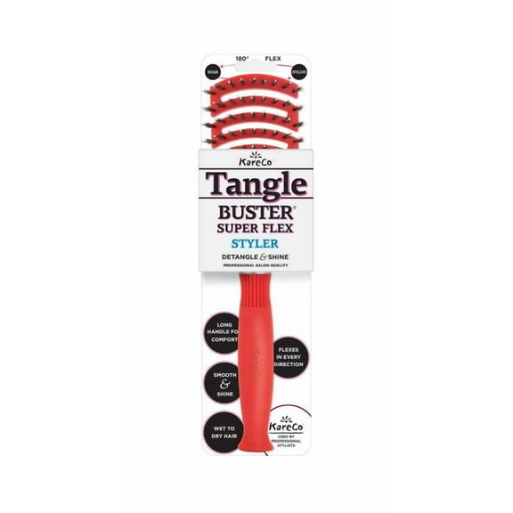 KareCo Tangle Buster Hair Brush Salon Professional Flexible SuperFlex, Red, Mixed Bristles