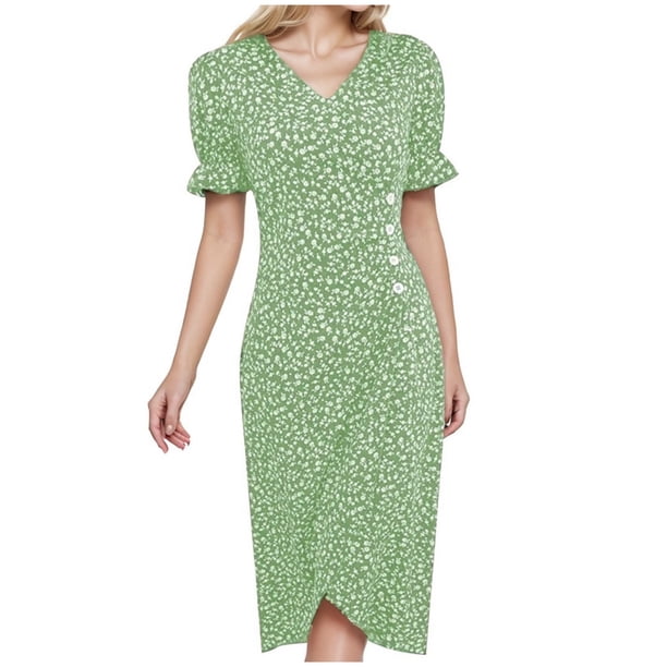 Vestido midi informal estampado para mujer con mangas abullonadas y cuello en V en el dobladillo