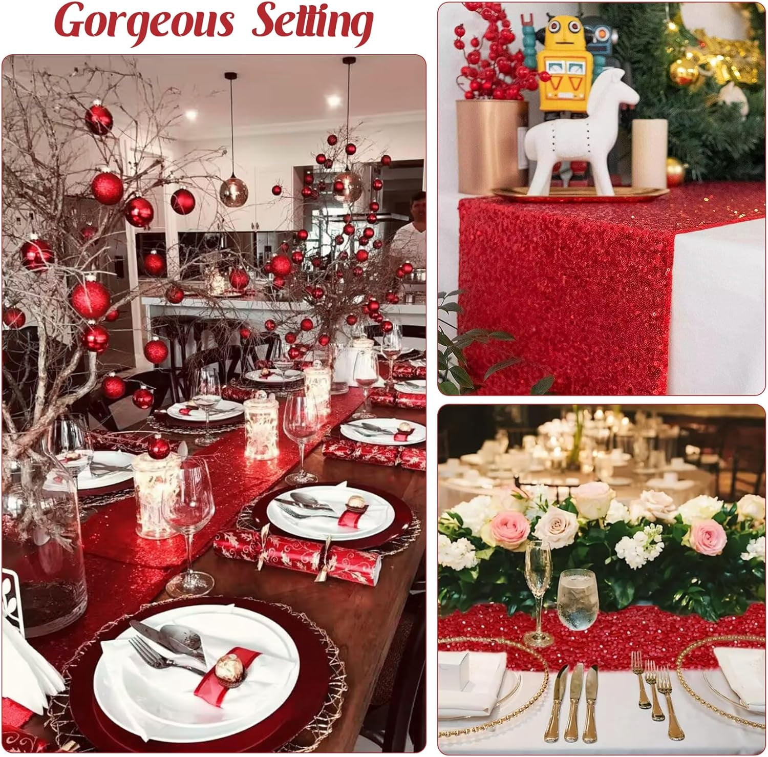 6 Pack Red Sequin Table Runners 12" x 72" Sparkle Sequin Table Cloths for Wedding Party Banquet Bridal Shower Decorations