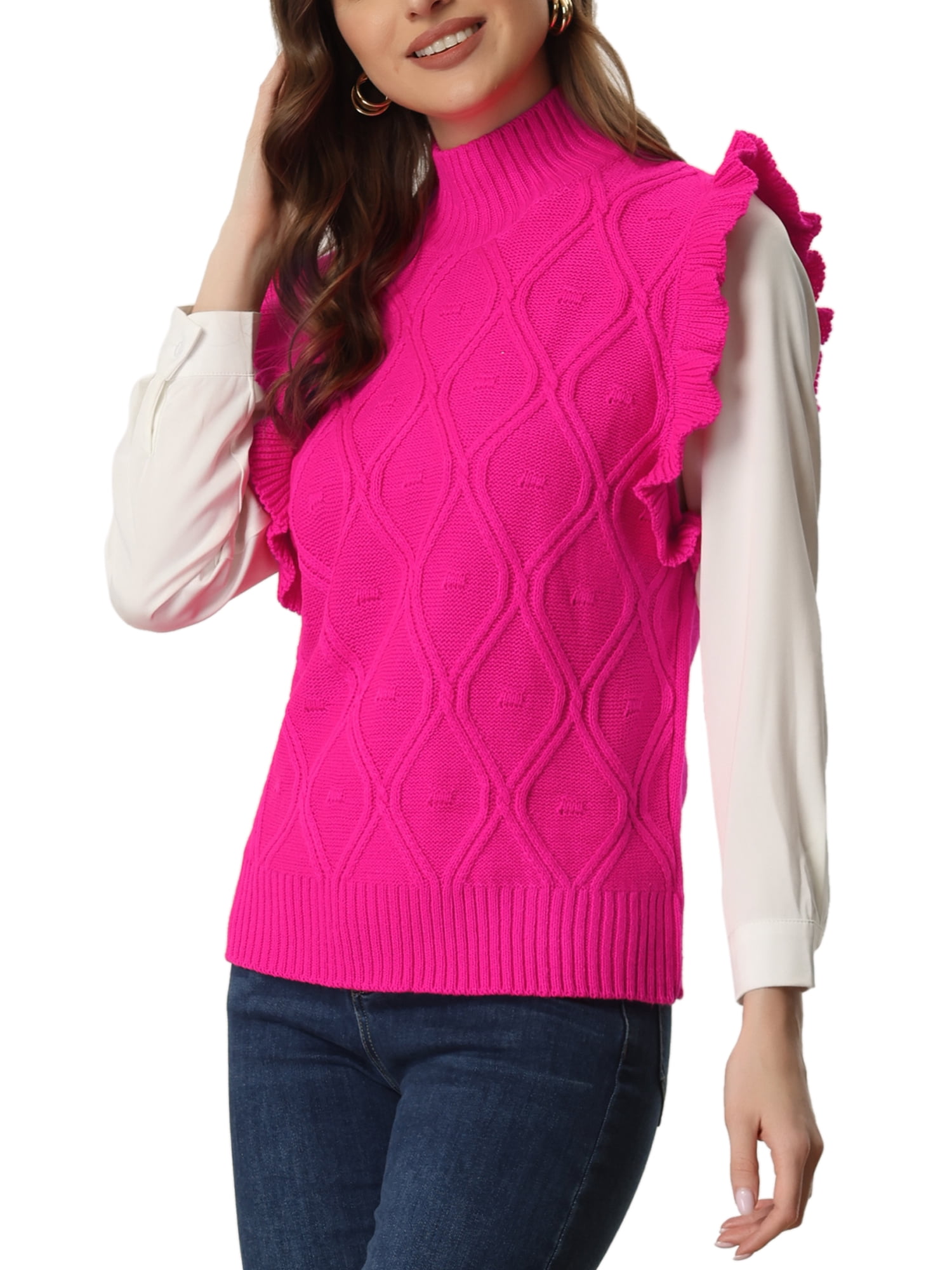 Unique Bargains Women's Ruffle Sleeve Solid Mock Neck Cable Knit Pullover Sweater