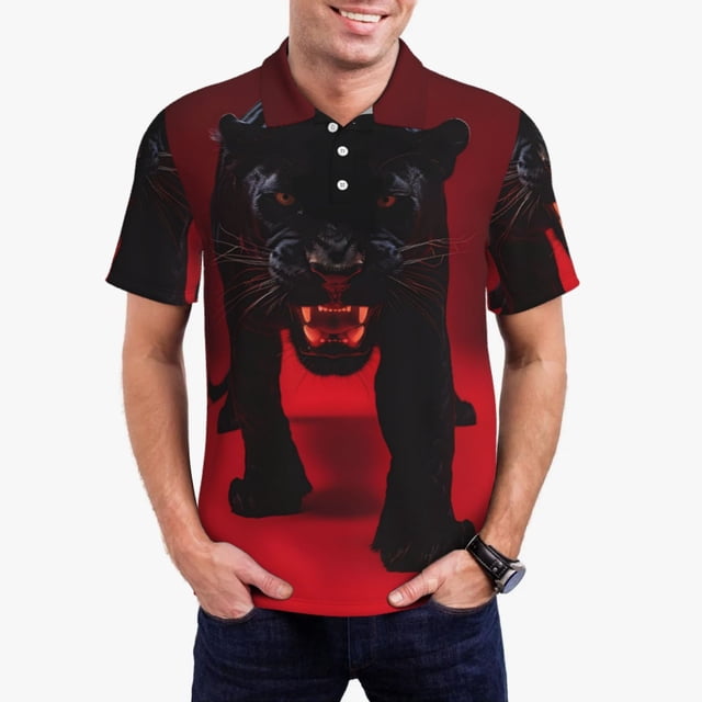 Balery Black Panther Red Background Camisa Polo de Hombre con Estampado, de Manga Corta y Tejido Medio, Camisa Tipo Golf Polo-3X-Large