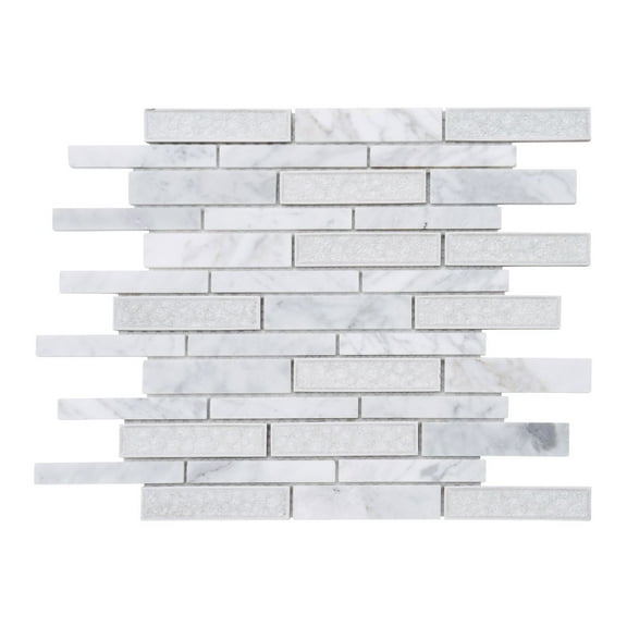 Modket TDH469NS White Calacatta Marble Stone Crackle Glass Linear Mosaic Tile Kitchen Backsplash