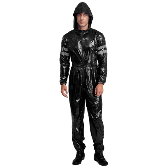 Choomomo Men's Hooded High Visibility Coveralls Water Resistant Reflective Strips Long Sleeve Jumpsuit Black M