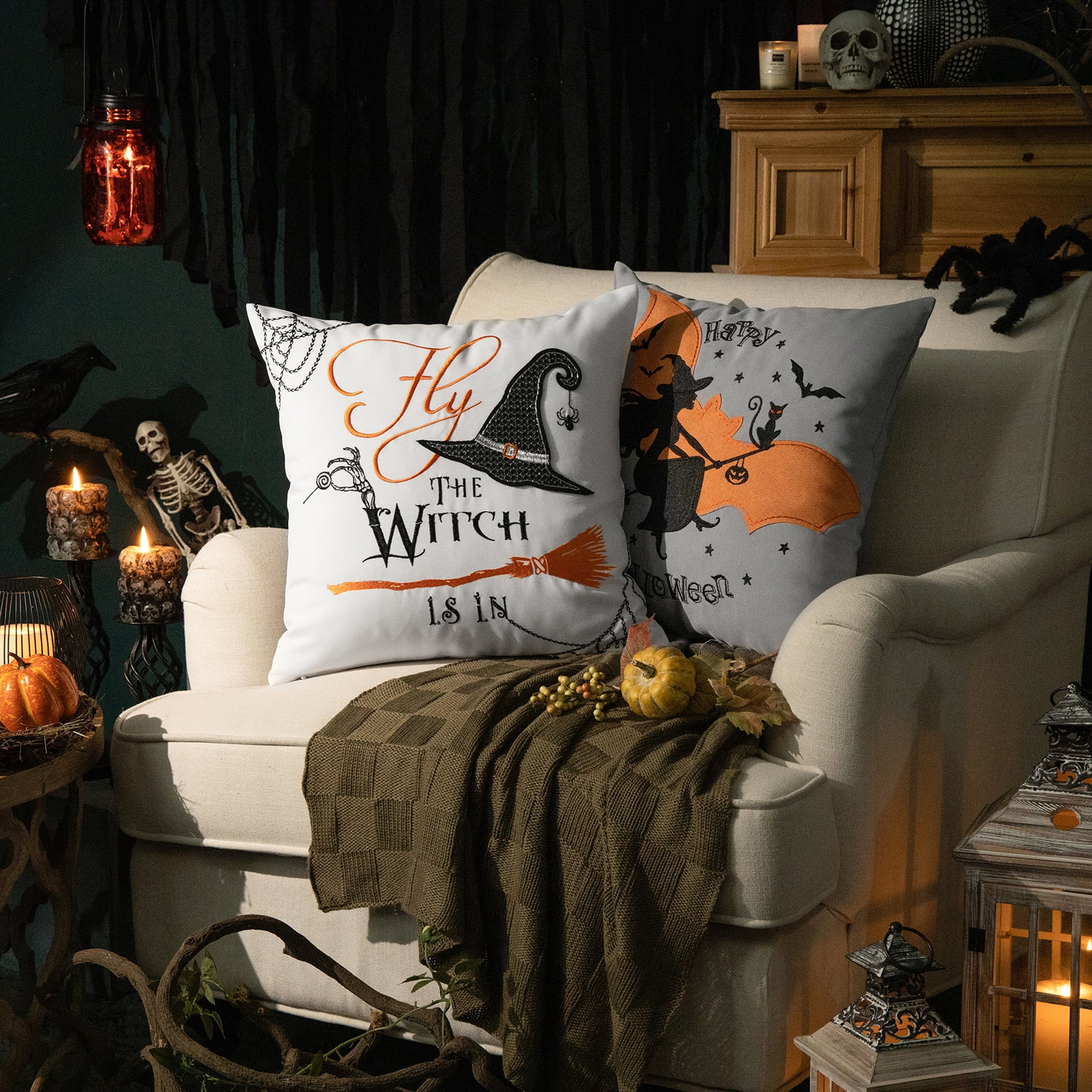 Phantoscope Halloween Holiday Collection Embroidery Decorative Throw Pillow, 18" x 18", Orange Embroidery Spider, 4 Set