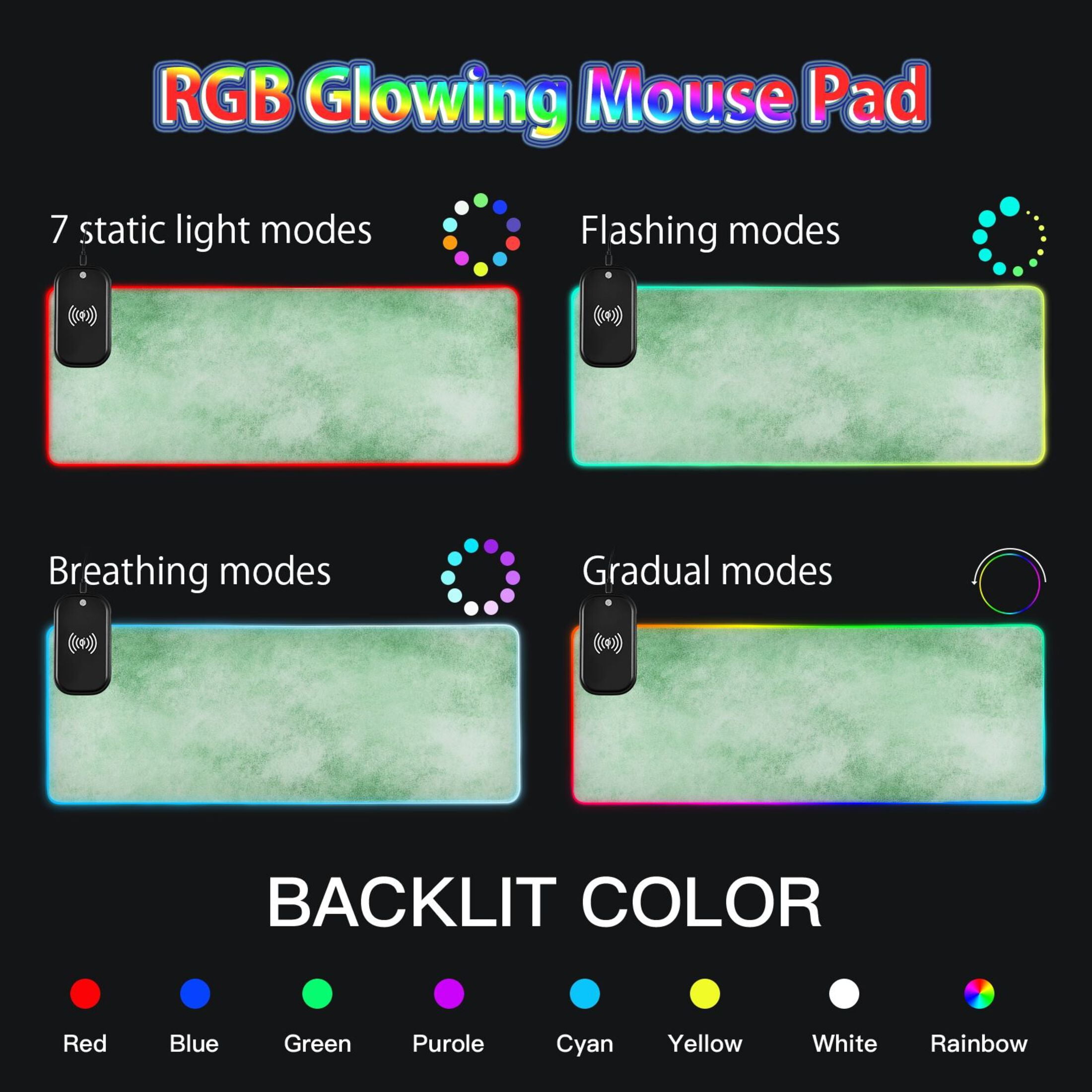 RGB Gaming Mouse Pad 15W Wireless Charging Large Waterproof Desk Mat 13 Light Modes Mousepad 31.5x11.8 Colorful Green Watercolor