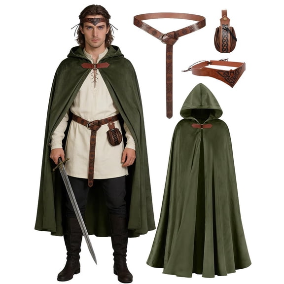 JOANKDMI 4 Piece Fantasy Medieval Blue Velvet Hooded Cloak Costume Set for Men with Triskele Pattern Belt Bracer Pouch for LARP Celtic Viking Cosplay