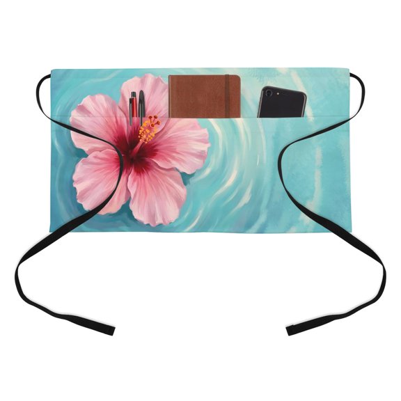 Hibiscus Kitchen Restaurant Half Waist Apron, Water Ripples Tropical Coastal Summer Server Short Apron with 3 Pockets Waterproof Oil Waist Aprons for Women Waitress Waiter