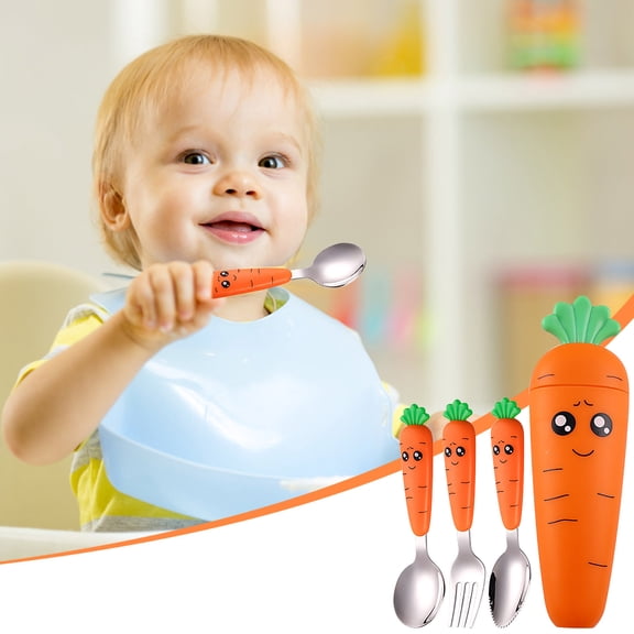 Baby Spoons with Fork | 6 PCS Easy Grip Baby Cutlery Set with 2 Case | Stainless Steel Toddler Utensils | Carrot Shaped Kids Silverware | Children's Safe Food Grade Material | Dishwasher Safe