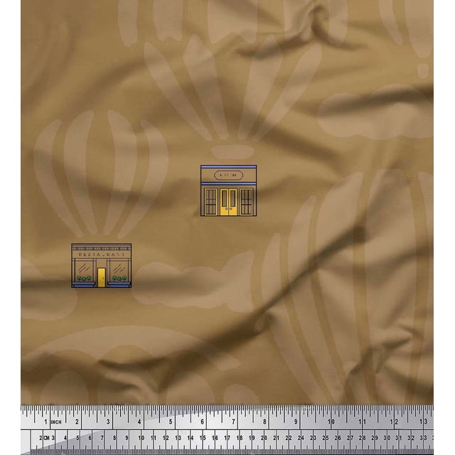 Soimoi Brown Rayon Fabric Architectural Structure & Hot Air Balloon Holiday Printed Fabric 1 Yard 56 Inch Wide