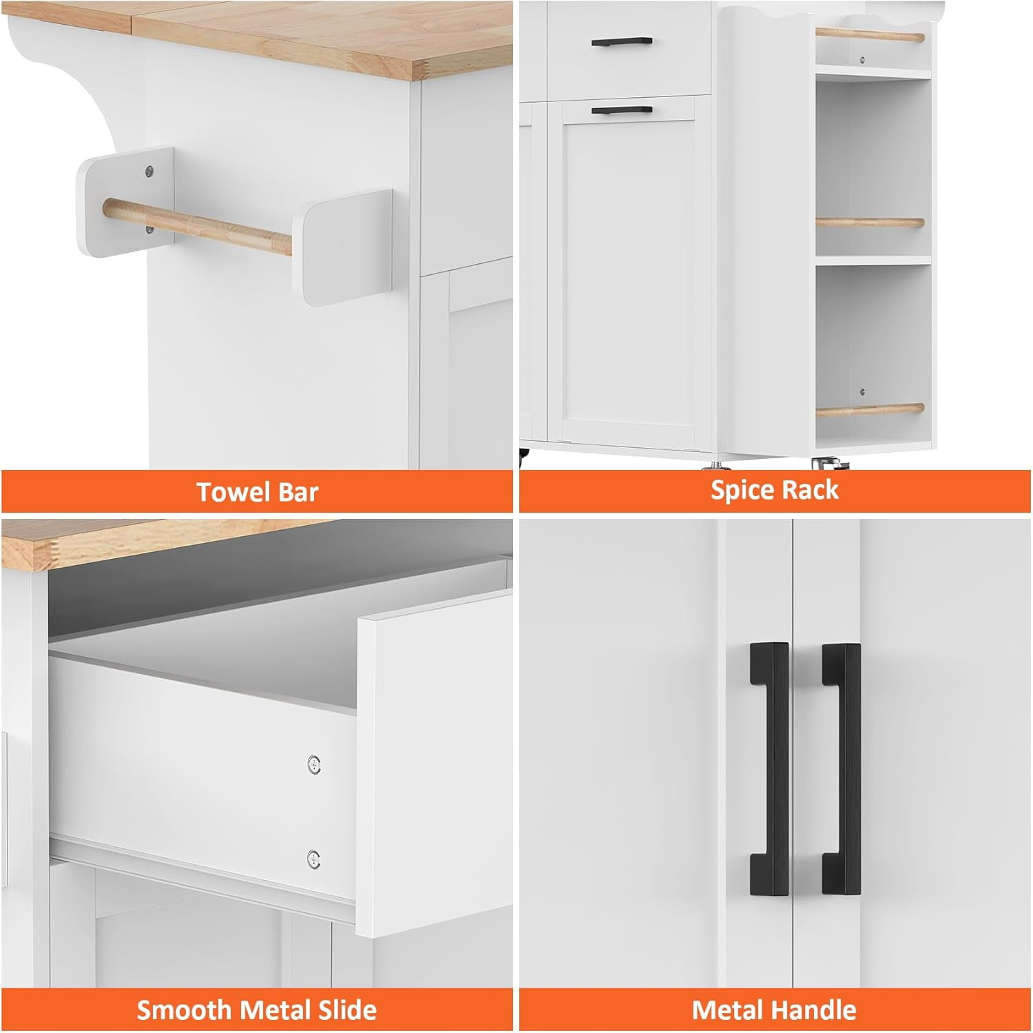 Frmobepts Rolling Kitchen Island with Drop Leaf, Tilt Out Kitchen Trash Cabinet 10 Gallon Storage, Kitchen Cart Island with Rubber wood Top, Spice Rack and Drawers,White