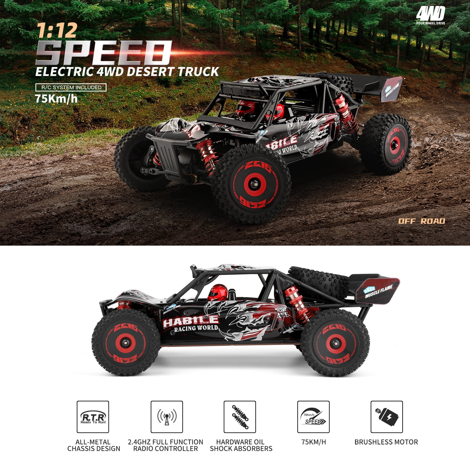 WLtoys 124016 Brushless RC Car 75 KM/H 2.4G 4WD Electric High Speed Off-Road Remote Control Drift Racing Toys For Boys with 2 Batteries