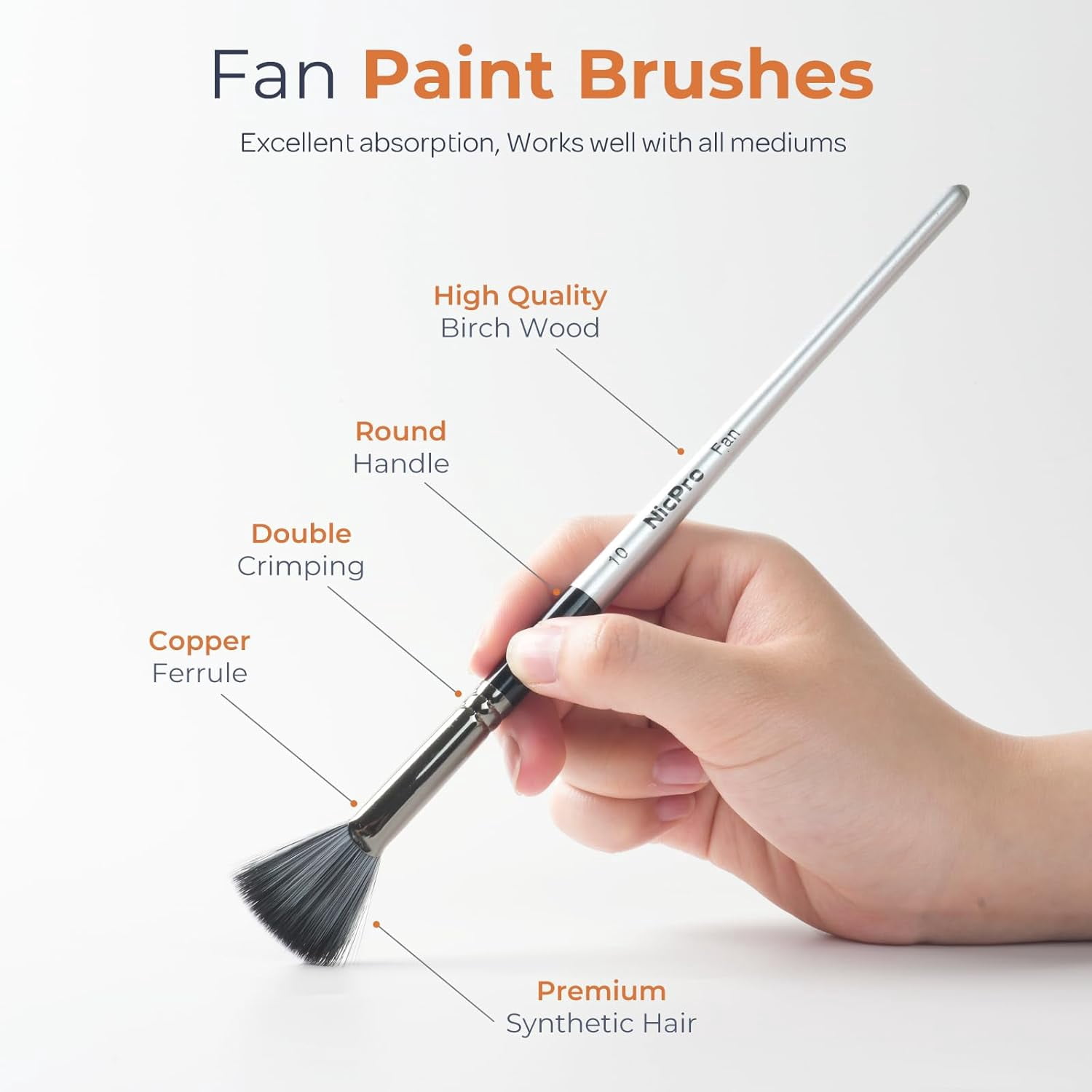 JJEAN-Fan Paint Brushes 10 PCS Artist Painting Brush Set Soft Anti-Shedding Nylon Hair Wood Short Handle for Acrylic, Watercolor, Oil, Craft Painting