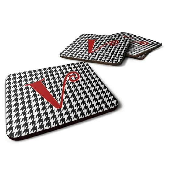 Letter V Initial Monogram - Houndstooth Black Foam Coaster Set of 4