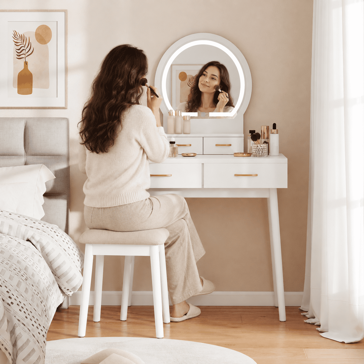 Furnibear Small Vanity Desk Set With LED Lighted Mirror and Cushioned Stool, Compact Makeup Dressing Table With 4 Drawers, White