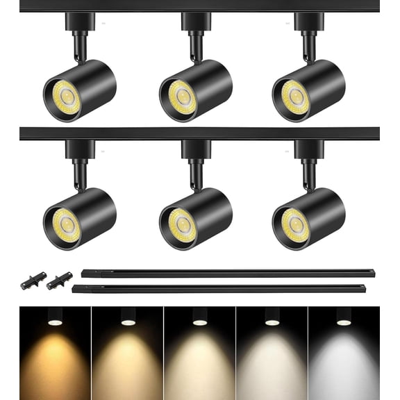 VANoopee 5-Color 6-Light LED Track Lighting Kit with 6.6FT H Type Track Lighting Rail, LED Track Light Heads Dimmable Modern Kitchen Track Lighting Fixtures Ceiling Spotlight, CRI90+ 10W 800lm Black