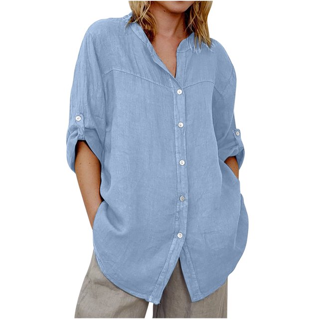 Penkiiy Women's 3/4 Sleeve Collared Shirt Button Down Denim Blouse Tops L Sky Blue