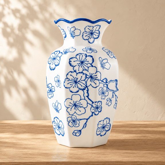 Blue and White Ceramic Vase, 9.45-inch Chinoiserie Plum Blossom Flower Vase for Home Decor, NOVATRAX